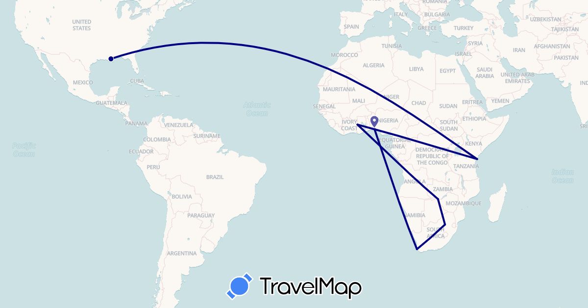TravelMap itinerary: driving in Côte d'Ivoire, Kenya, Nigeria, United States, South Africa, Zimbabwe (Africa, North America)